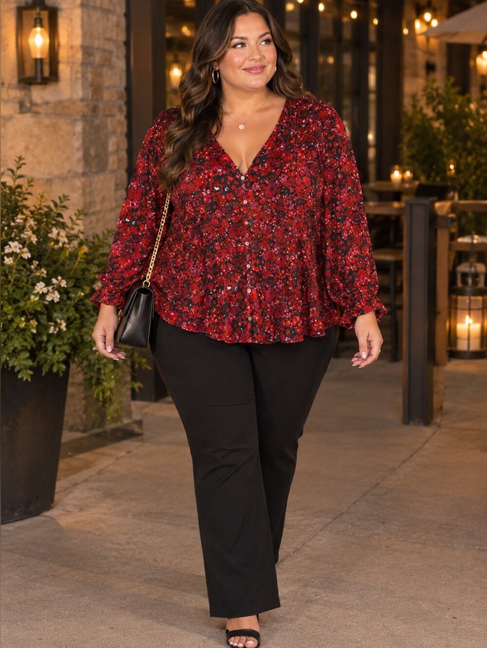 Lane Bryant Floral V Neck Button Down Blouse EUC